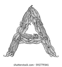 Feather tattoo initials. Bohemian Capital letter A. Vector illustration for coloring page, cards, invitations or decoration.