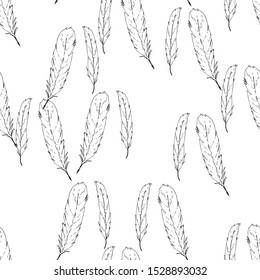 Feather texture hand drawn seamless pattern. Falling feather print.