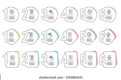 Feather, Time management and Cogwheel settings line icons set. Infographic timeline. Speaker, Settings gear and File signs. Copyright page, Engineering tool, Music sound. Technology process. Vector