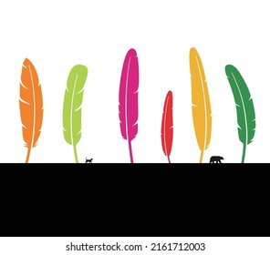 feather tree with cat and bear, vector illustration