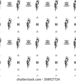 Feather and triangle illustration with alchemy symbols. Abstract occult and mystic signs. Seamless vector hipster pattern in black and white colors. Magic print background