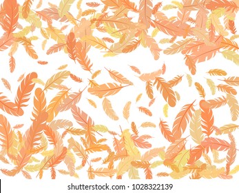Feather tribal pattern vector. Light minimalist background with plumelet. Editable backdrop with flying feather elements. Cute vector design, banner background.