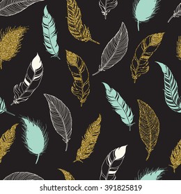 Feather tribal seamless pattern.  Hand drawn background for design and decoration textile, covers, package, wrapping paper.