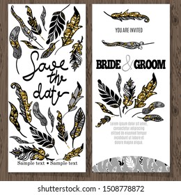 Feather vector card templates.  Wedding party invitation card templates. 