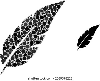 Feather vector collage of round dots in variable sizes and color shades. Round dots are organized into feather vector illustration. Abstract vector illustration.