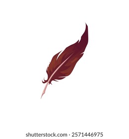 Feather vector flat illustration. Cartoon single brown bird plume icon. Wicca pagan faith or fairytale symbol, esoteric and occult game item drawing isolated on white background