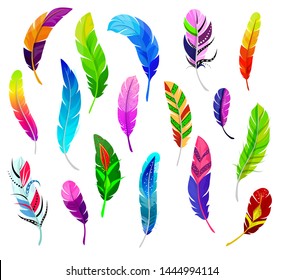 Feather vector fluffy feathering quil and colorful feathery birds plume illustration. set of color feather-pen decor isolated on white background