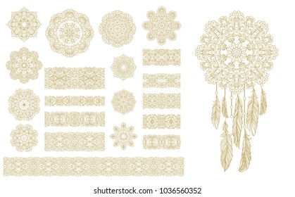 Feather vector golden dream catcher, ornamental rosettes and laced border ornament on white background