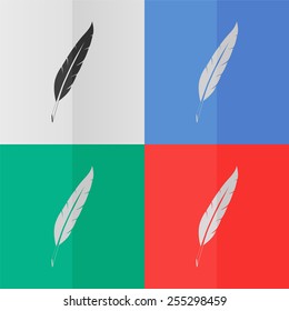 Feather vector icon. Effect of folded paper. Colored (red, blue, green) illustrations. Flat design