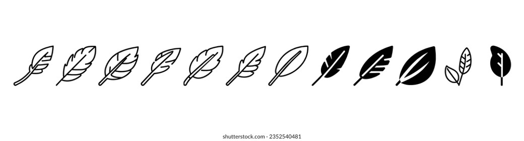 Feather vector icon set isolated on white background, Feather icon template color editable. Feather symbol vector sign, feather line icon, Bird Plumelet black silhouettes