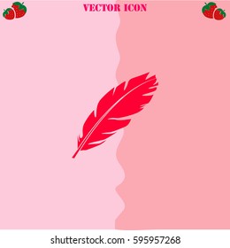 Feather vector  icon. Strawberry Background.