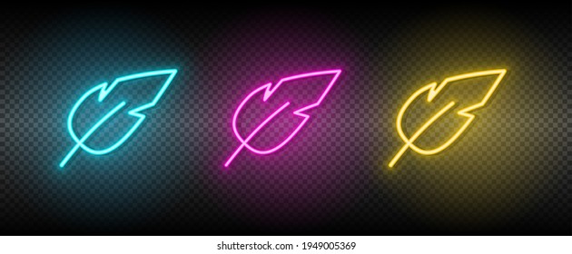 feather vector icon yellow, pink, blue neon set. Tools vector icon