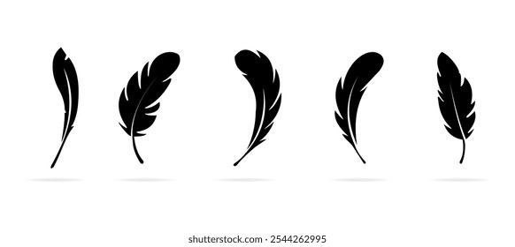 Feather vector icons. Black silhouettes of bird feathers.