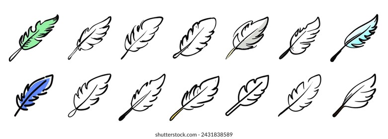 Ilustración del vector de la pluma. Plumas de pájaros. silueta de plumas aisladas	
