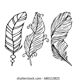 Feather vector illustration on white background. Doodle style. Design icon, print, logo, poster, symbol, decor, textile, paper, card. 