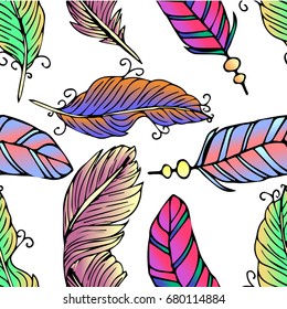 Feather vector illustration on white background. Doodle style. Design icon, print, logo, poster, symbol, decor, textile, paper, card. 