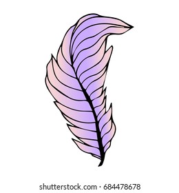 Feather vector illustration on white background. Doodle style. Design icon, print, logo, poster, symbol, decor, textile, paper, card. 