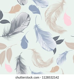 Feather vector pattern with hand drawn feathers and leaves for design