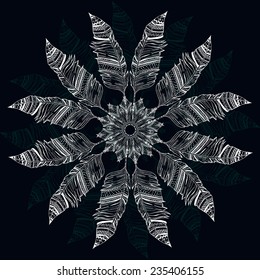 Feather vector, seamless pattern with hand-drawn feathers, feathers seamless background,  kaleidoscope, india, pattern