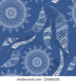 Feather vector, seamless pattern with hand-drawn feathers, feathers seamless background, tibetan mandala,  lotus, kaleidoscope,   india,  pattern