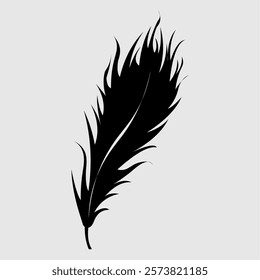 feather vector. A feather is shown in black and white. The feather is long and thin, with a pointed tip. The image has a simple and elegant feel, with the feather being the main focus