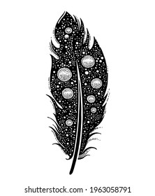 Feather vector tattoo. Bird feather black icon. Silhouette with universe design. Art illustration, symbol logo in graphic inkstyle. Boho sketch shape on white white. Galaxy space surreal symbol