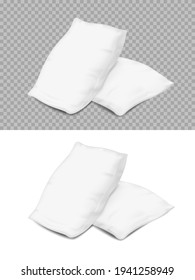 Feather white pillows, realistic cushions 3d vector mockup of rectangular or square shape angle view. Soft comfortable accessories with natural filling design isolated on transparent background