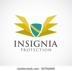 Feather wing protection with shield abstract vector and logo design or template business guard icon of company or corporate identity symbol concept