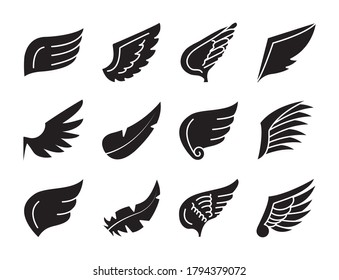 feather and wings icon set over white background, silhouette style, vector illustration