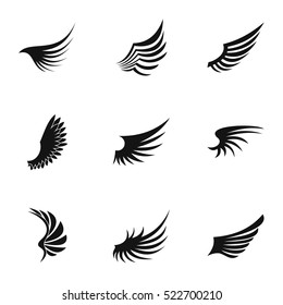 Feather wings icons set. Simple illustration of 9 feather wings vector icons for web