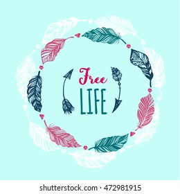 Feather Wreath. Hand Drawn Illustration In Boho Vintage Style Vector illustration.
