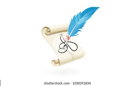 Feather write letter at scroll paper. Vintage calligraphy Graphic Art tool. White background. Vector illustration.