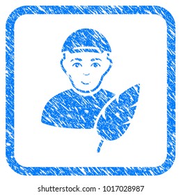 Feather Writer rubber seal imitation. Icon vector symbol with distress design and dirty texture in rounded square frame. Scratched blue stamp imitation. Man face has happiness emotion.