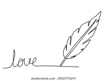 The feather writes the word love, one line drawing vector illustration.