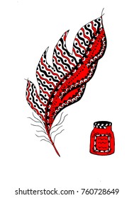 Feather for writing and ink bottle, vector illustration, art, black, red, white.