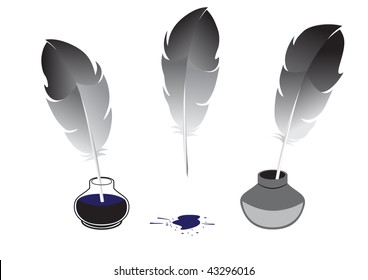 Feather for writing and inkwells isolated on white background