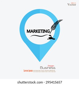  Feather writing "marketing" with ink. Vector illustration.