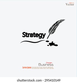  Feather writing "strategy" with ink. Vector illustration.