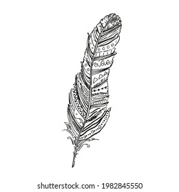 Feather. Zentangle design. Hand drawn feather with abstract patterns on isolated background. Black and white illustration