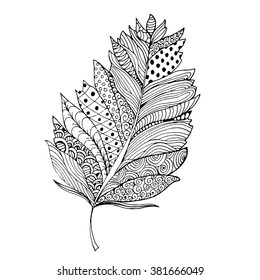 Feather in zentangle style. Ornamental fill. Isolated on white. Vector illustration