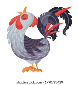 Feathered Cockerel with Colorful Tail as Farm Bird Vector Illustration