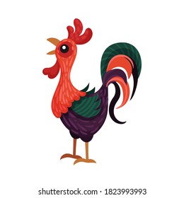 Feathered Cockerel with Colorful Tail as Farm Bird Vector Illustration