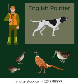 Feathered game hunting set. Vector illustration isolated on dark background