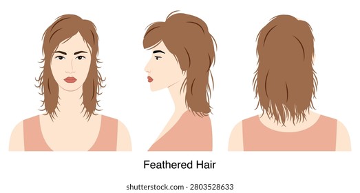 Feathered Hair hairstyle vector front back profile views, layered hair shape soft texture composition for beauty salon, hairdresser reference, fashion illustration, hairstyle selection