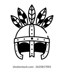Ícone de capacete com penas ilustrado em estilo desenhado à mão
