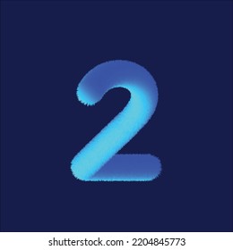 Feathered letter 2 font vector. Easy editable letters. Soft and realistic feathers. Blue, fluffy, hairy letter 2, isolated on white background