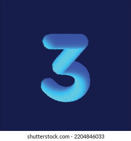 Feathered letter 3 font vector. Easy editable letters. Soft and realistic feathers. Blue, fluffy, hairy letter 3, isolated on white background