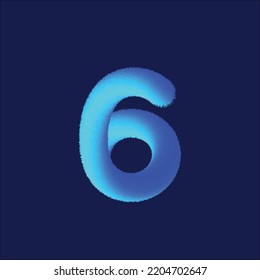 Feathered letter 6 font vector. Easy editable letters. Soft and realistic feathers. Blue, fluffy, hairy letter 6, isolated on white background