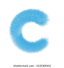 Feathered letter C font vector. Easy editable letters. Soft and realistic feathers. Blue, fluffy, hairy letter C, isolated on white background.