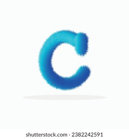 Feathered letter C font vector. Easy editable letters. Soft and realistic feathers. Blue, fluffy, hairy letter C, isolated on a white background.